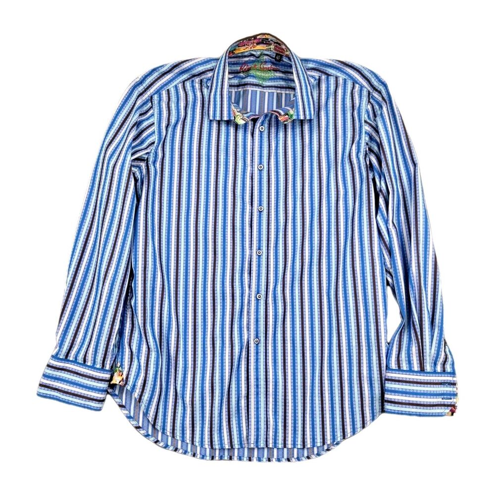 Robert Graham Men's Dress Shirt Size Large Blue Stripes Paris Hotel Flip Cuff